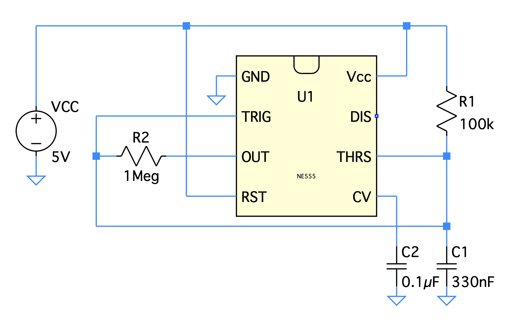 Schematic of 555 astable circuit using 100 kilo ohms for R1